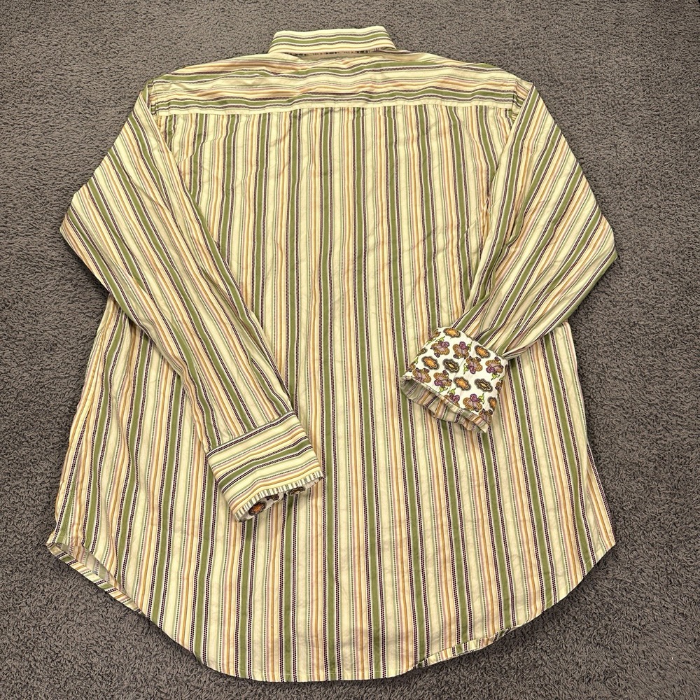 Robert Graham Shirt Mens Large Green Striped Woven Flip Cuff Geometric Going Out - Picture 12 of 13